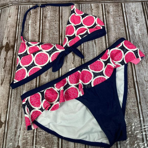 2 Piece OP Girl's XL 14-16 Bikini Swimsuit Swimwear Blue Pink White Circles - Picture 1 of 6